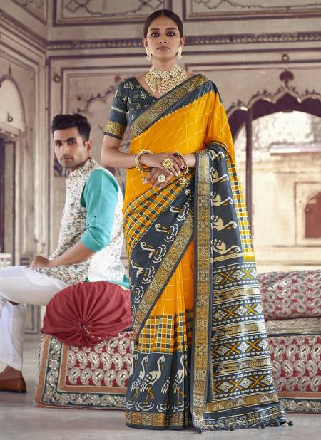 Sea Green And Yellow BK Rewaa Patola Silk Wedding Wear Hand Printed With Heavy Jacquard Border and swarovski work Saree Collection 109